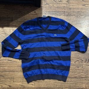 Lacoste Men's V-Neck Sweater in Blue and Black Stripes